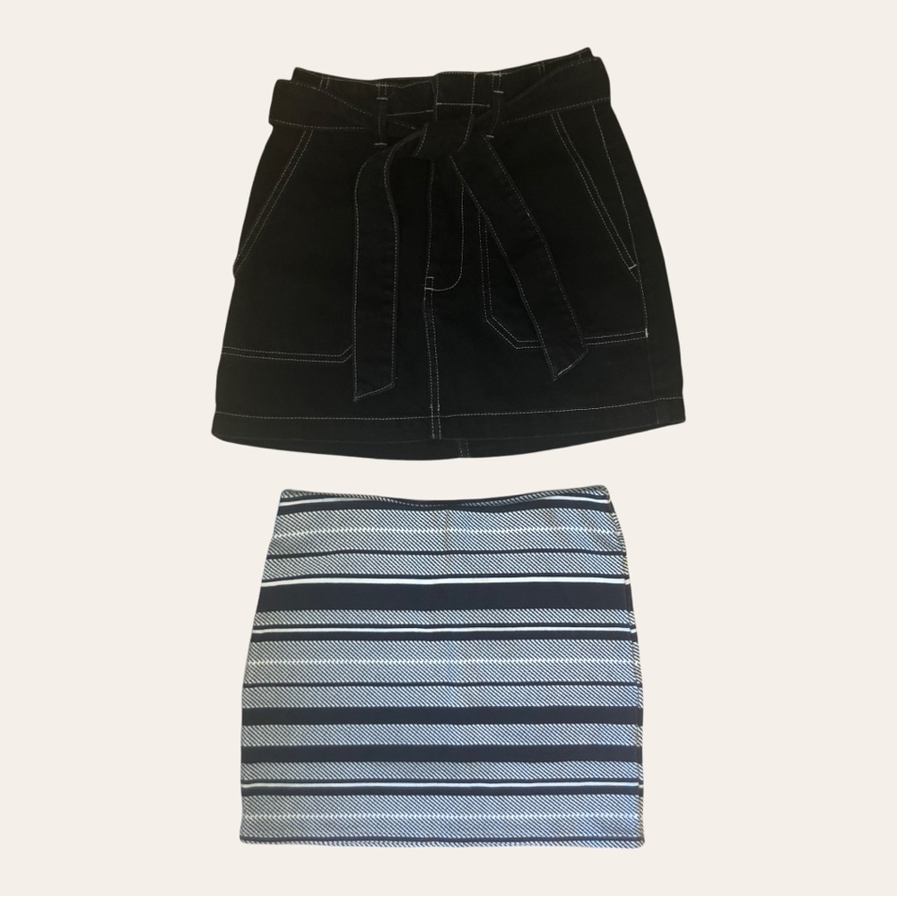 Mini skirt LOT of 2, dark denim zip and tie front and heavy thread stretch, Sz S